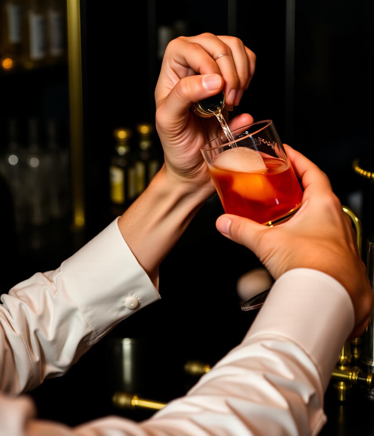 Bartender mixar en cocktail med varma toner och guldaccenter