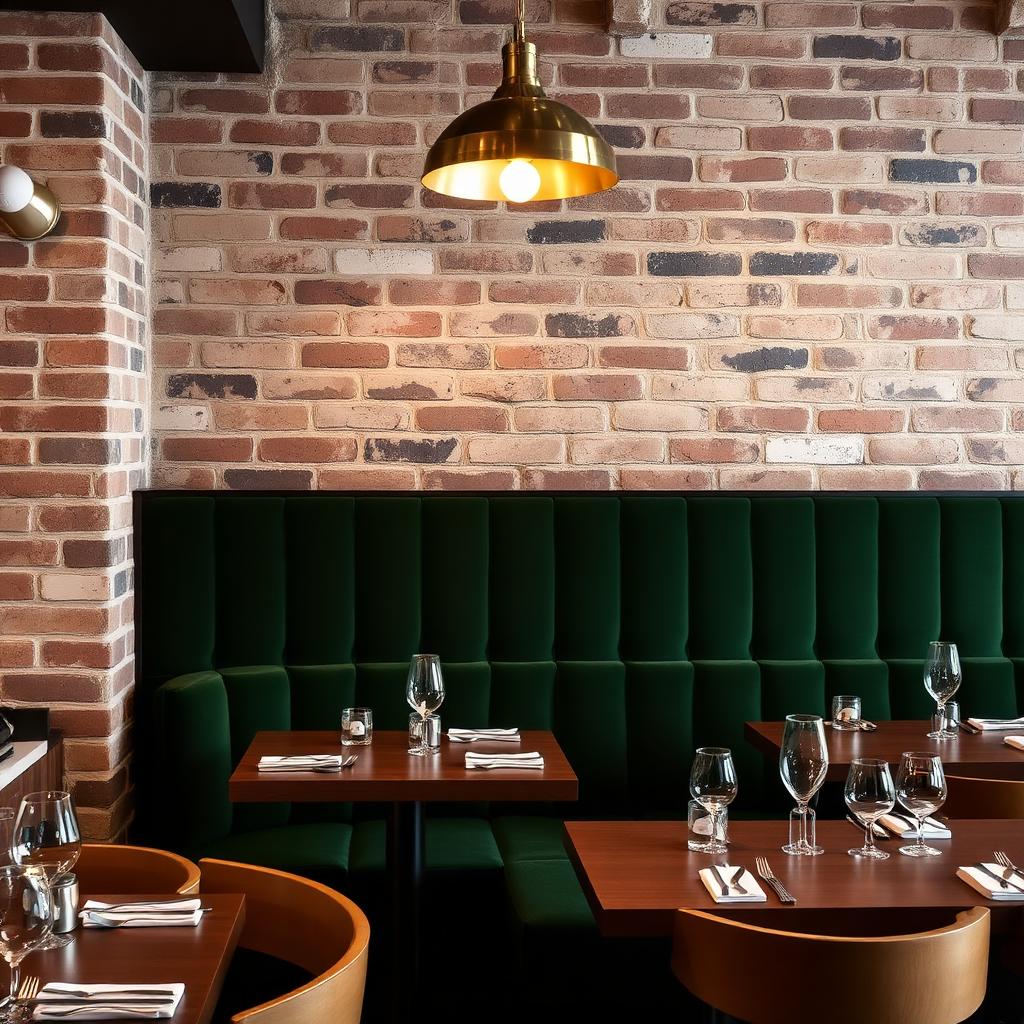 Restauranginteriör med exponerat tegel och mörkgrön sittmöbel