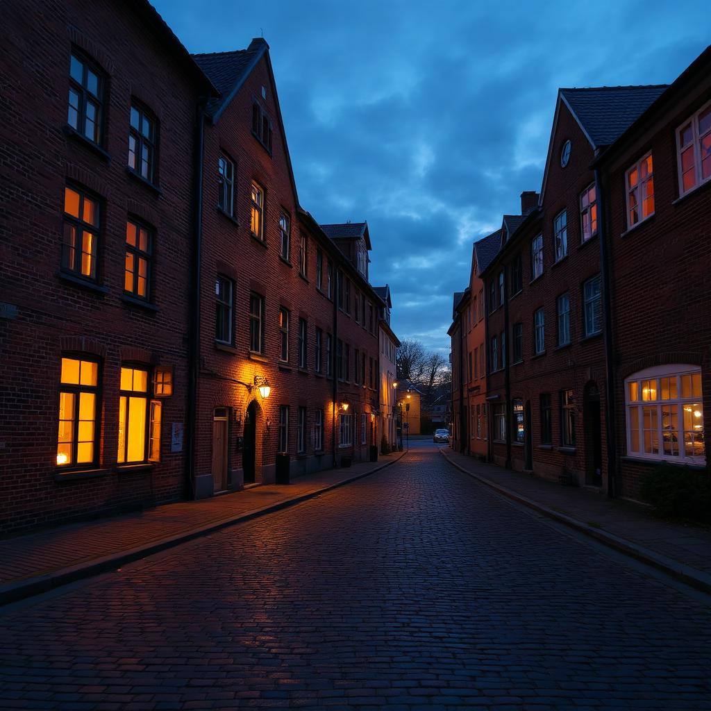 Kullerstensgata i Knäppingsborg i skymning