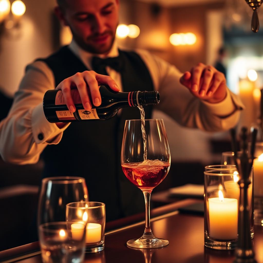 Sommelier häller upp rödvin i kvällsljus